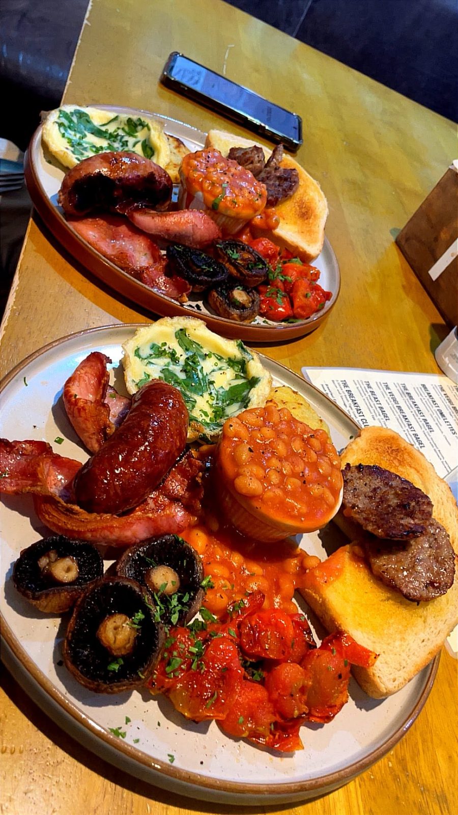 Cornish Breakfast Bodmin plates with sausage bacon eggs beans mushrooms and toast